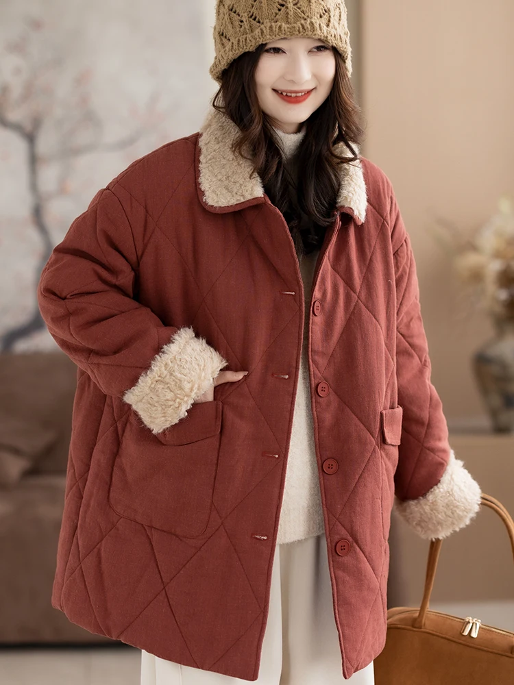 

Kyu льняное зимнее теплое повседневное лоскутное пальто средней длины с крупными количествоми хлопка Jaet Sli Commute Simple Sle