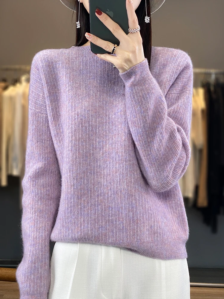 Suéter de malha de lã merino feminino macio com o pescoço, manga comprida, pulôver, primavera, outono, roupas de inverno, jumper, malhas, 100%