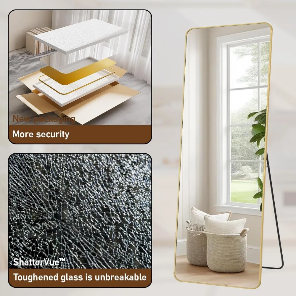 Gouden vloerspiegel over de volledige lengte van 71x26 inch met afgeronde hoeken voor staand of leunend, ideaal voor gebruik in de slaapkamer