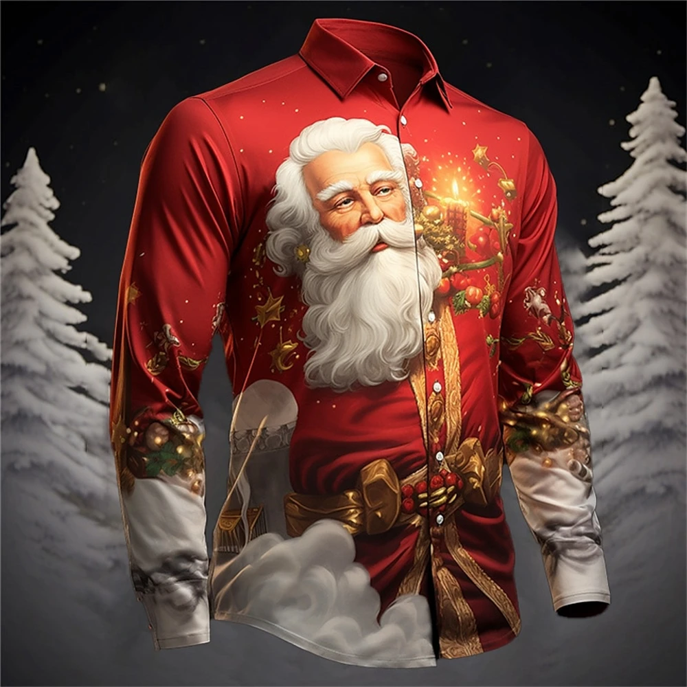 Christmas Shirts Santa Claus Print Festival Casual Long Sleeve Shirt For Men Autumn Fashion Men\'s Shirts Oversized Men Clothing