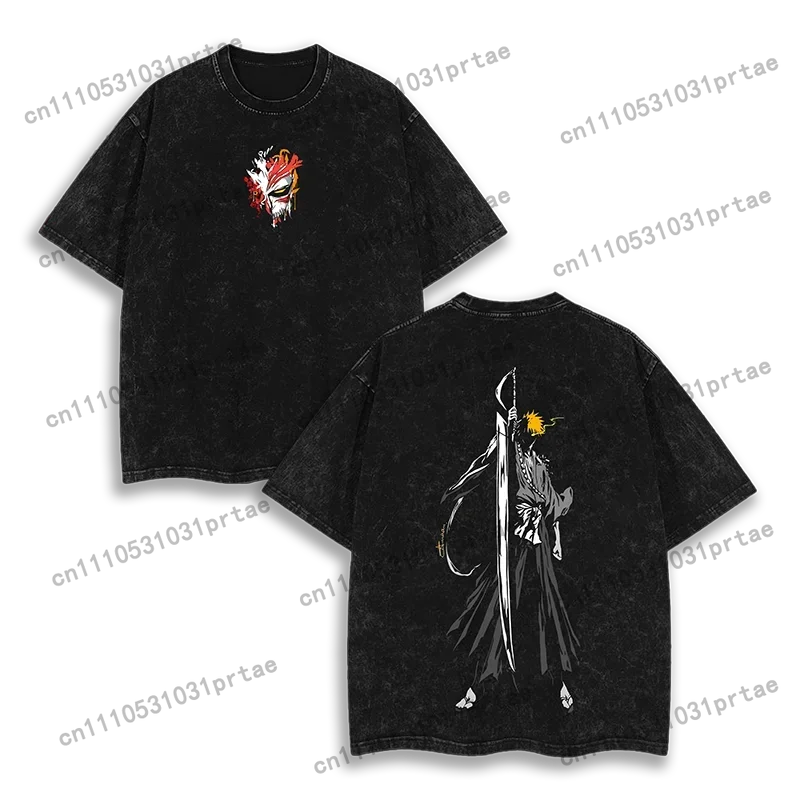 Bleach Anime Peripherals Graphic Print T-Shirts Men Women Streetwear Washed Vintage New Fashion Hot Tees Oversized Short bLACK view 4