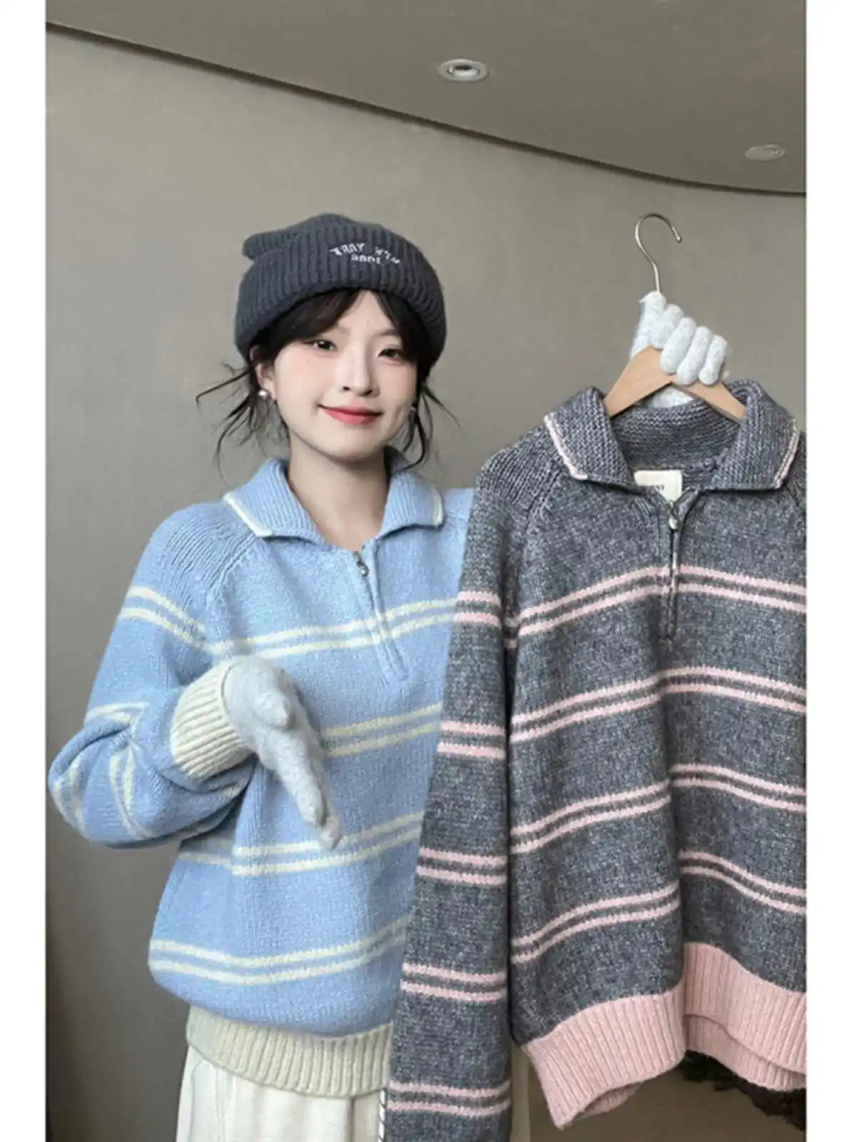 Striped Contrast Color Turn Down Collar Sweater Women Simple Long Sleeve Half-Zip Design Pullovers Lady Casual Knitwear