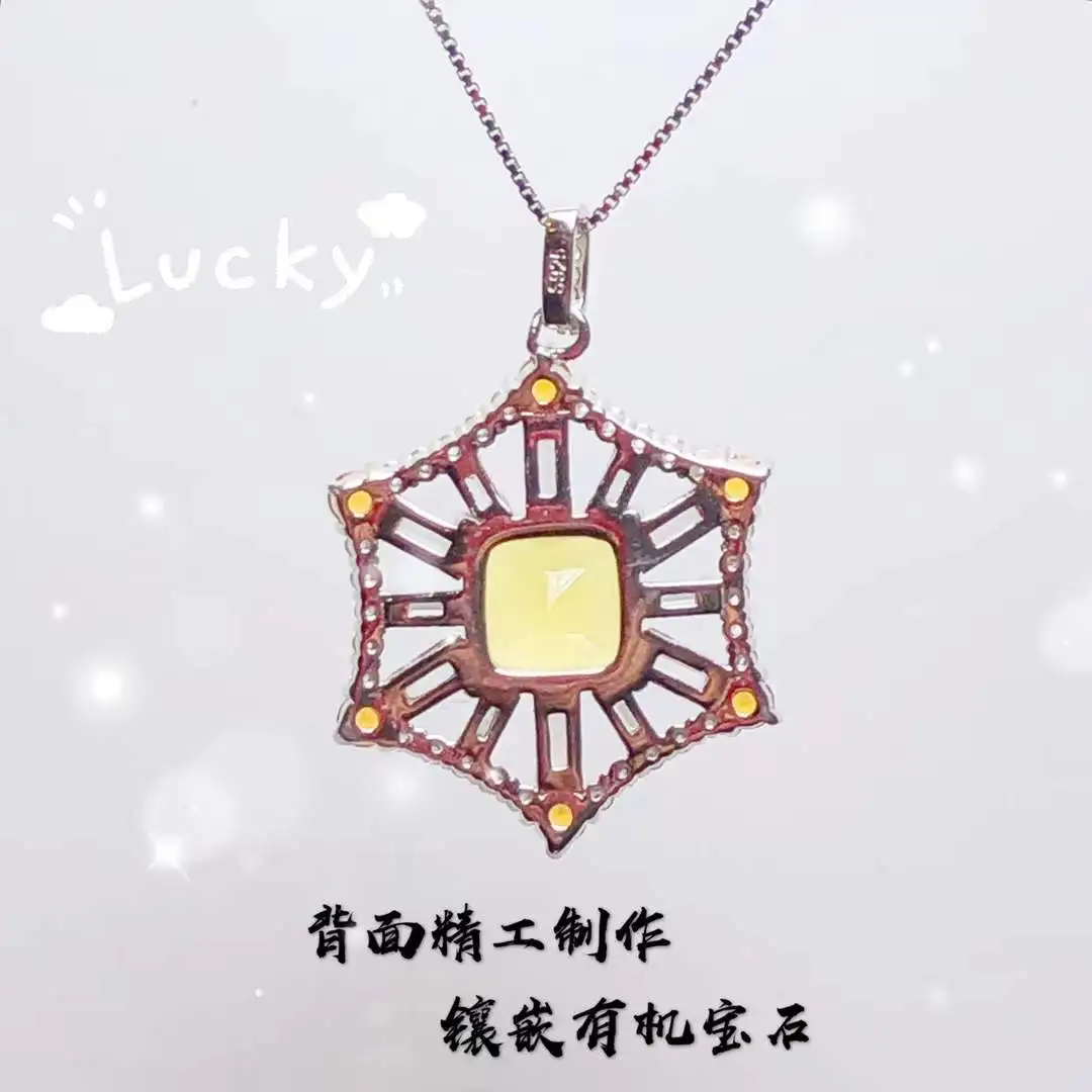 Natural Mexican Blue Amber Silver Pendant - Octagon Symmetrical Shape Faceted Square Gemstone Jewelry Gift for Women