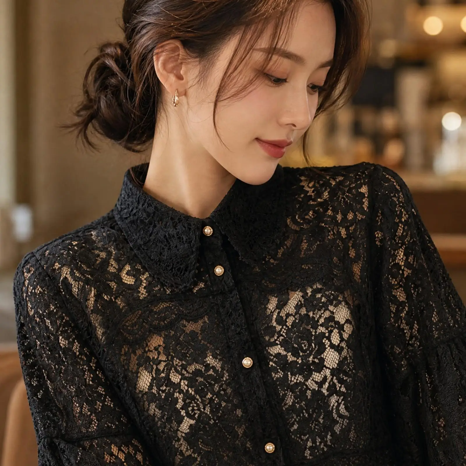 Detachable Women Lace Collar Crop Overlay Nylon Lace Trim with Puff Sleeves for Cardigans Blouses Romantic Fashion Detail