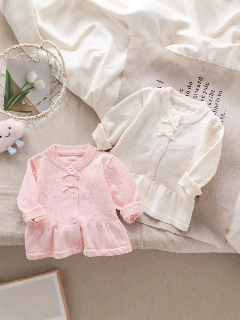 2025 New Autumn Children Clothes Infant Baby Girl Long Sleeved Solid Color Knitting Cardigan Newborn Baby Girls Dress