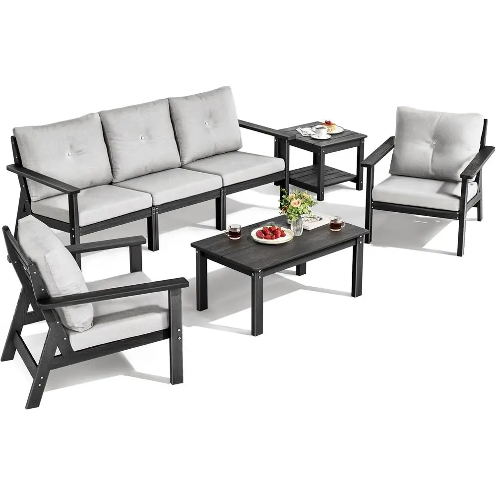 

7-местный всепогодный уличный секционный диван-комплект с подушками, идеально подходит для патио, балкона, веранды, черный цвет