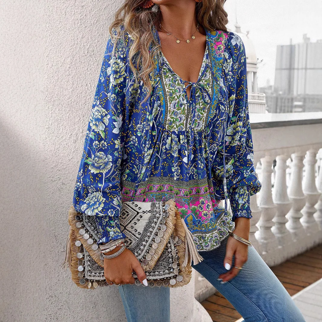 

Весенне-осенняя женская блузка в богемном стиле, с принтом, V-образным вырезом, длинными рукавами и завязками, для отдыха.