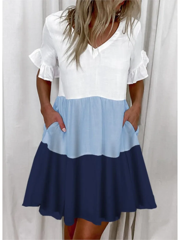 Fashion Ruffles V-Neck Loose Mini Dresses Women Summer Elegant Short Sleeve Pockets Floral Print Dress 2024 Casual Beach Dress
