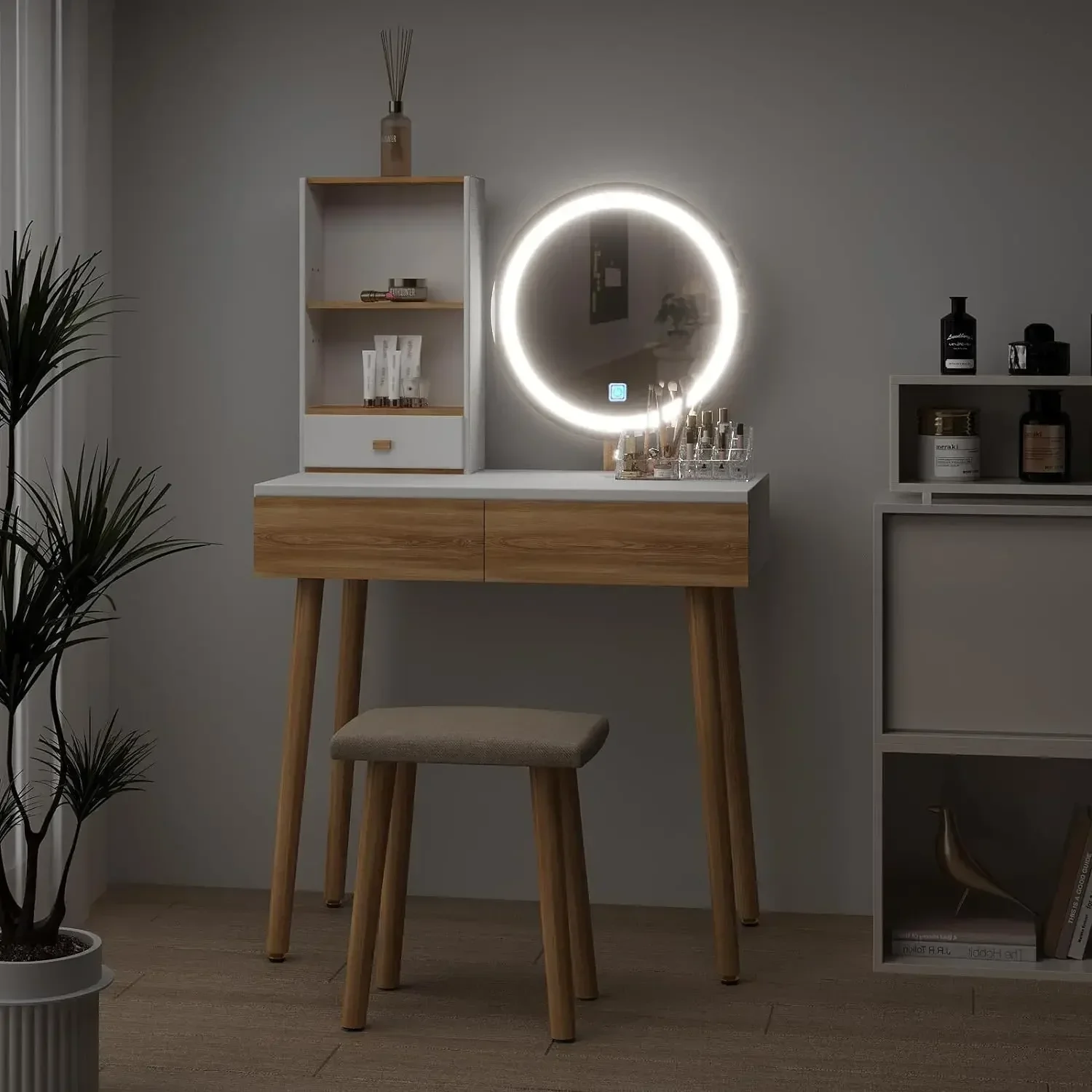 YOURLITE Makeup Vanity Desk with Lights,Small Vanity with Adjustable Brightness Mirror for Samll Spaces,Vanity Desk with Drawers