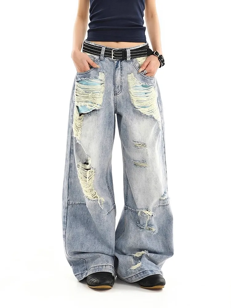 Women's Blue Ripped Jeans Cargo Baggy Washed Y2K Japanese Harajuku High Street Aesthetic Vintage Casual Pants Jeans Clothing New