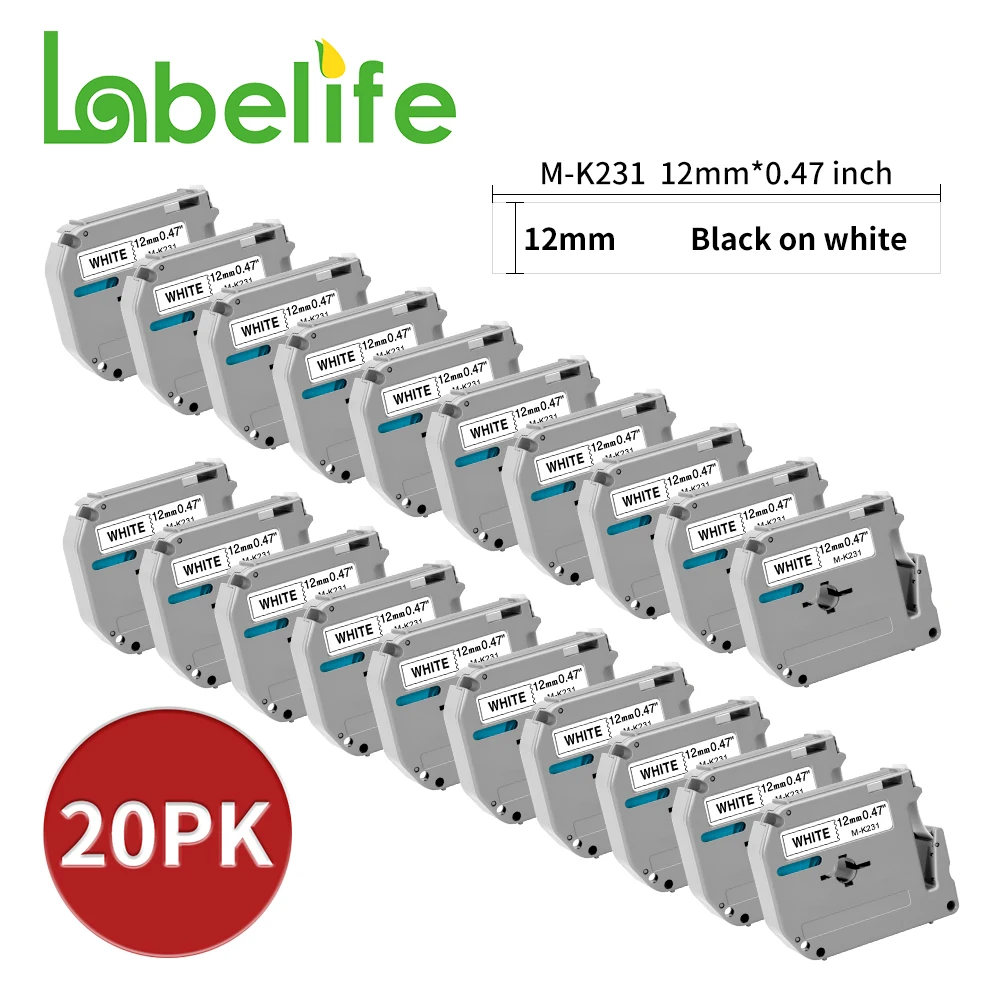 20PK Label Tape 12mm M-K231 M-K131 for PTM95 PT70BM Label Printer PT-80 PT-70 PT-65 PT-95 PT-85 Compatible for Brother M Tape