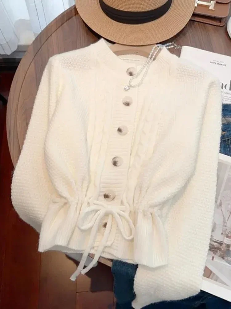 

Белый кардиган на шнуровке, свитера, женские повседневные элегантные вязаные пальто, осенняя мода, корейский милый женский дизайнерский топ с длинными рукавами