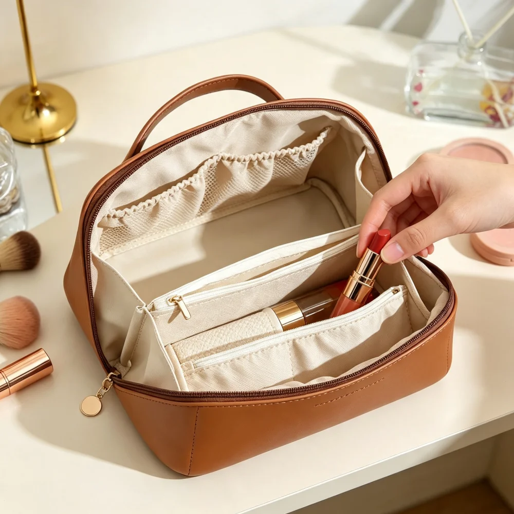 Large Capacity PU Pillow Makeup Bag, Portable Travel Cosmetic Organizer with Handle, Waterproof Toiletry Bag, 1 Pc, Random Color