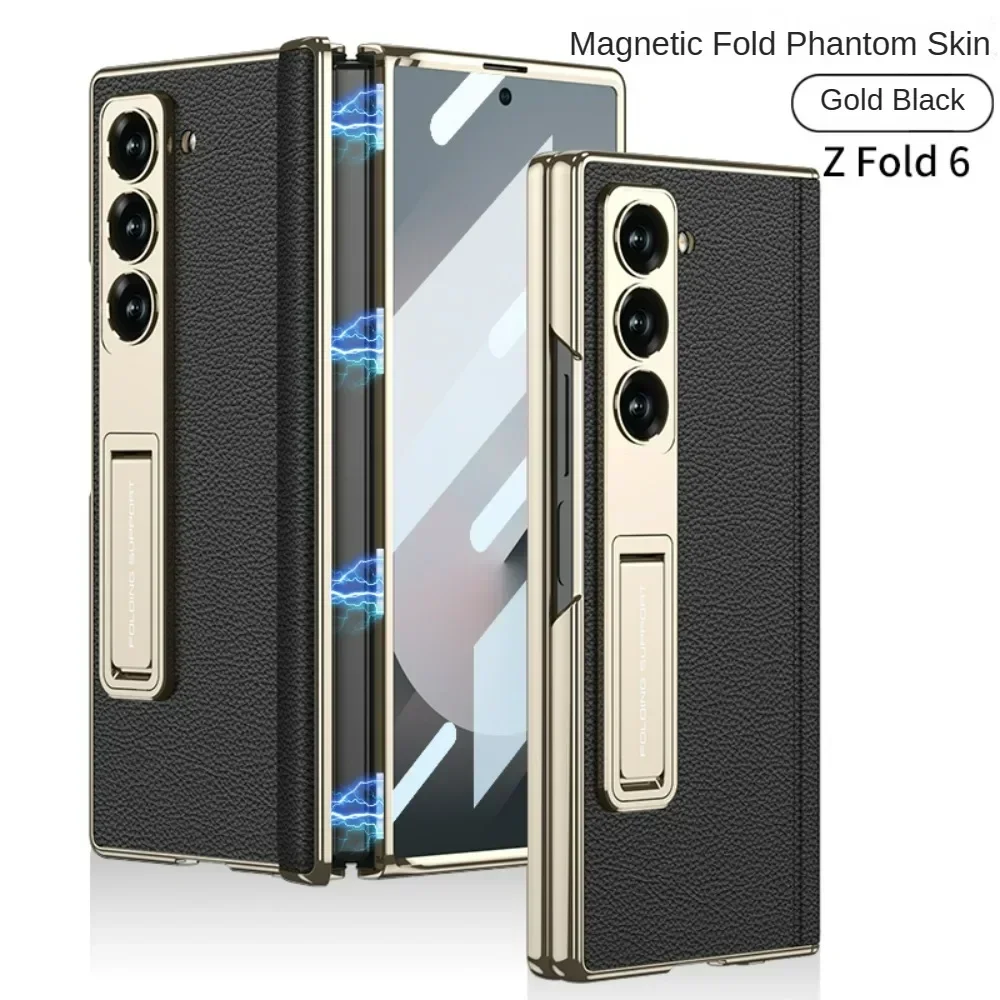 

Luxury Electroplated Matte Leather Bracket Magnetic Folding Hinge Hard Case for Samsung Galaxy Z Fold 6 with Screen Protector