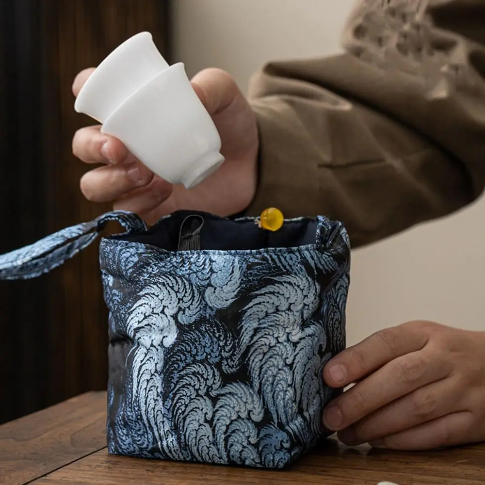 

Chinese Style Teacup Drawstring Cloth Pouch Breakage-proof Print Small Item Pouch Portable Multifunctional Embroidered Handbag