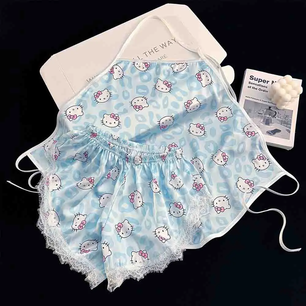 

Sanrio Hello Kitty Sexy Women's Sleepwear Ice Silk Comfortable Backless and Shorts Kawaii Cartoon Summer Home Suit 2-Piece Set