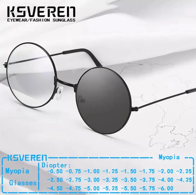 Men Metal Round Vintage Photochromic Myopia Glasses Designer Women Ultralight Optical Glasses Color Changing Sunglasses -1.75