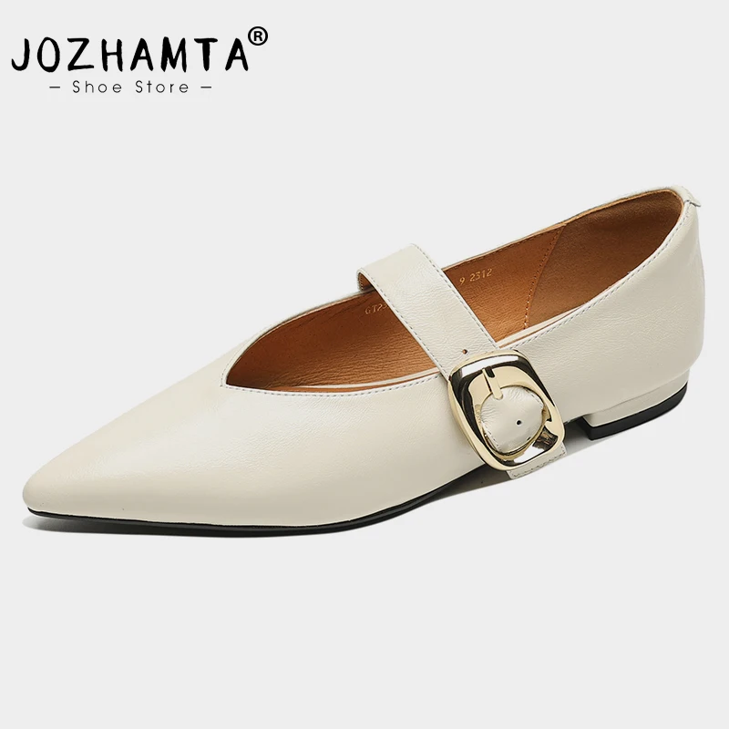 JOZHAMTA Size 33-40 Women Gold Flats Shoes Genuine Leather Buckle Strap Low Heels Shoes 2025 Spring Pointy Office Daily Dress