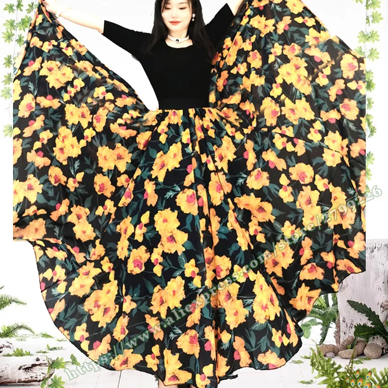 

female Chiffon Yellow flower pattern long skirt 2024 Summer 720 degree dance elegant women's skirts Woman Long Maxi Skirts