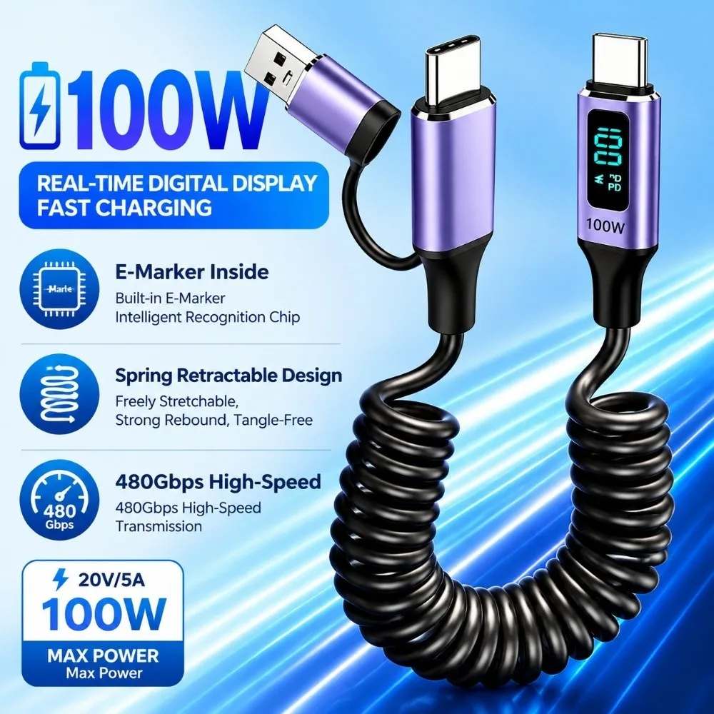 100W Fast Charging USB-C to USB-C Cable 5A Data Transfer Digital Display Cord Real-Time Display E-Marker Chip Charging Line