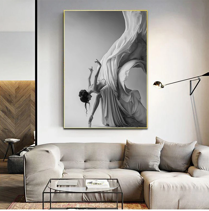 Modern Ballet Dancing Girl Canvas Painting Poster and Print Figure Art Wall Black n White Pictures for Living Room Bedroom Ai