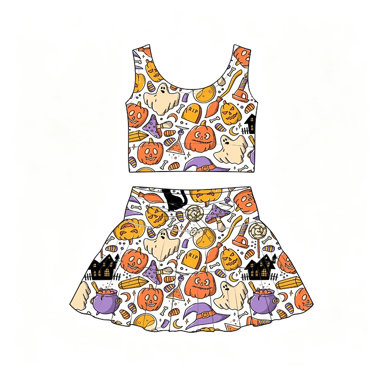 Halloween Hot-selling girls' outfit camisole top and pleated skirt set pumpkins and ghosts print custom