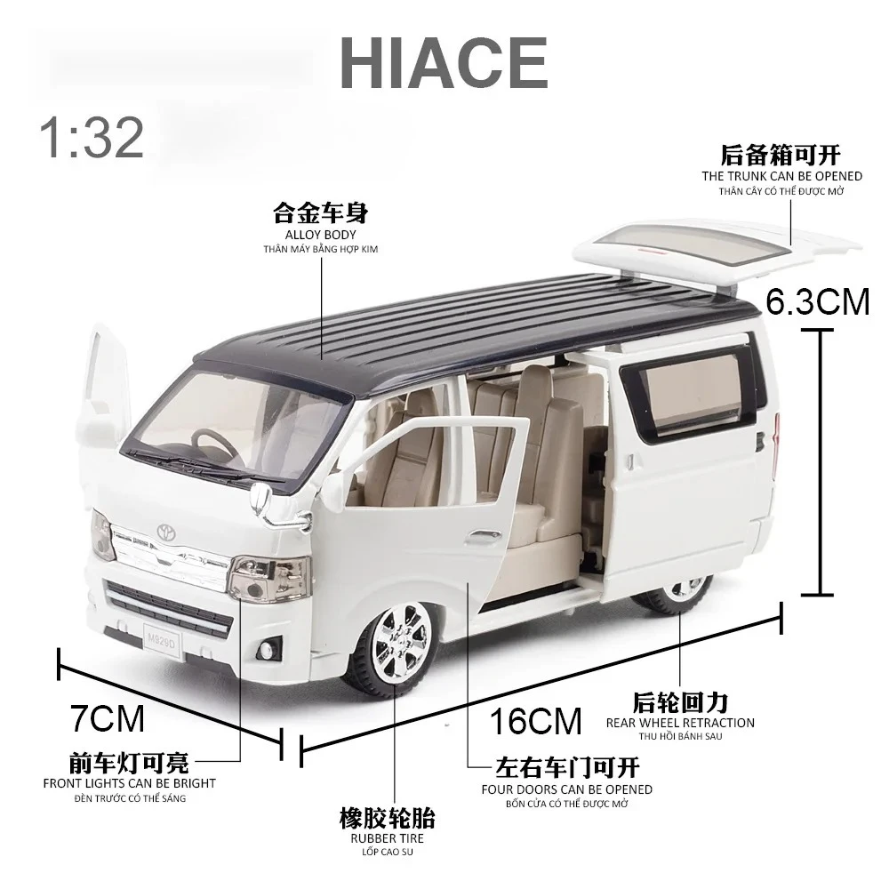1:32 Hiace Vellfire MPV Vehicle Alloy Model Car Pendulum Power Back Sound and Light Metal Toy Door Can Open