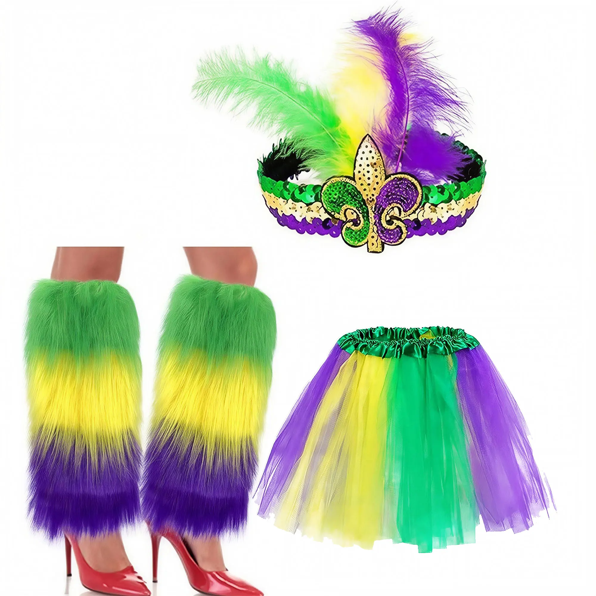 여성 마디 그라 의상 액세서리 세트 메쉬 투투 스커트 + 머리띠 따뜻한 털이 달린 다리 커버 가면 무도회 카니발 파티 브라질 슈트