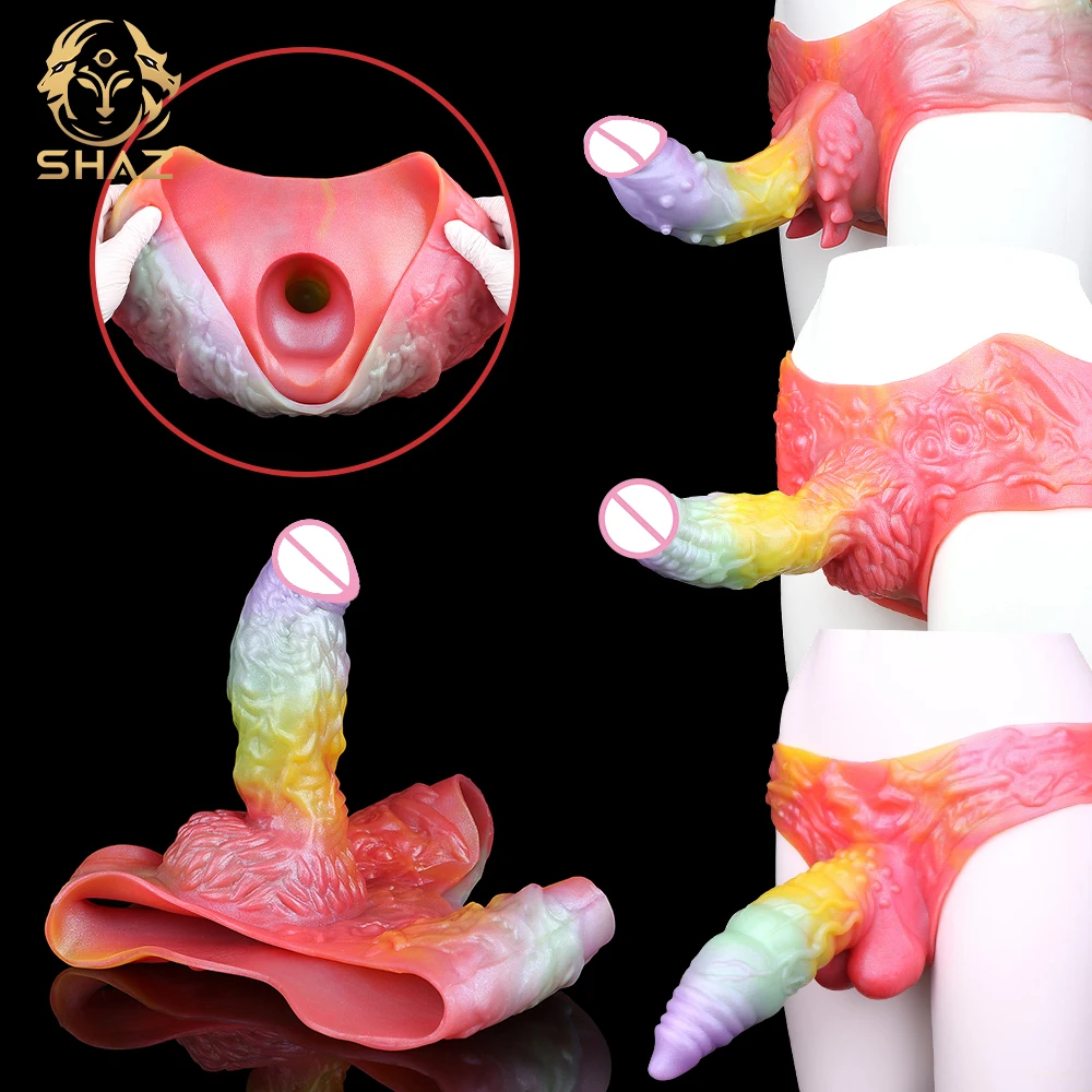 SHAZ Noszone na ciele nakładki na penisa z serii Monster, ażurowe slipy z dildo dla mężczyzn, silikonowy przedłużacz penisa, nakładka na penisa, zabawki erotyczne dla dorosłych