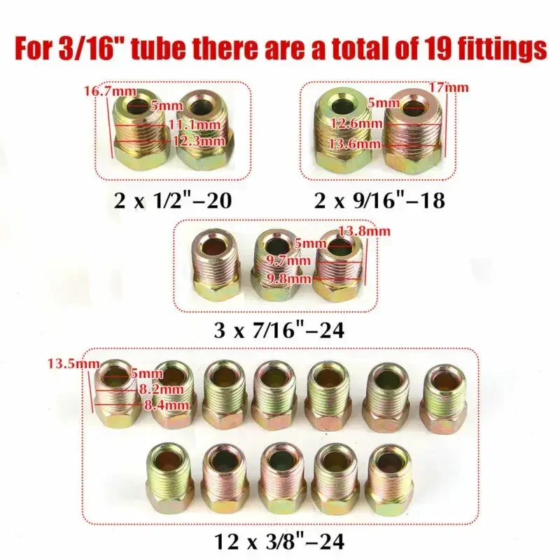 35Pcs Brake Line Fitting Nuts Kit Iron Plating Zinc Tube Nuts For Inverted Flares On 3/16 & 1/4 Tube Car Tubing Brake Joint Nut