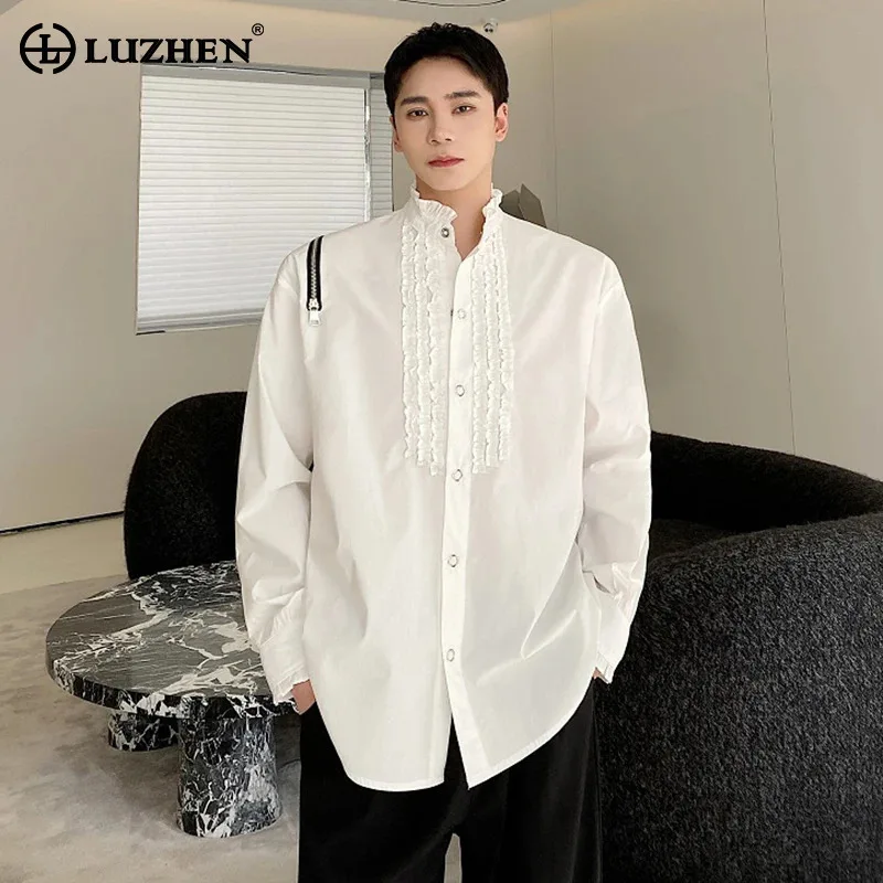

LUZHEN Personalized Embroidery Patchwork Zipper Decorate Casual Long Sleeve Shirts Men's 2025 Autumn New Solid Color Tops JY4012