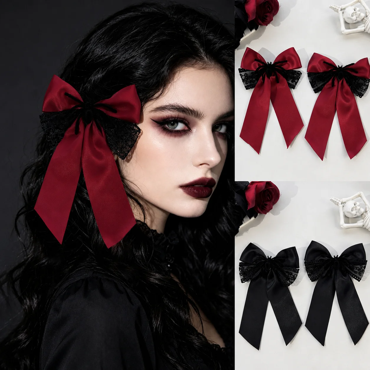 Women Halloween Witch Cosplay Dark Gothic Lolita Bow Lace Hair Clip Spider Satin Tassel Headpiece for Parties Hair Accessories