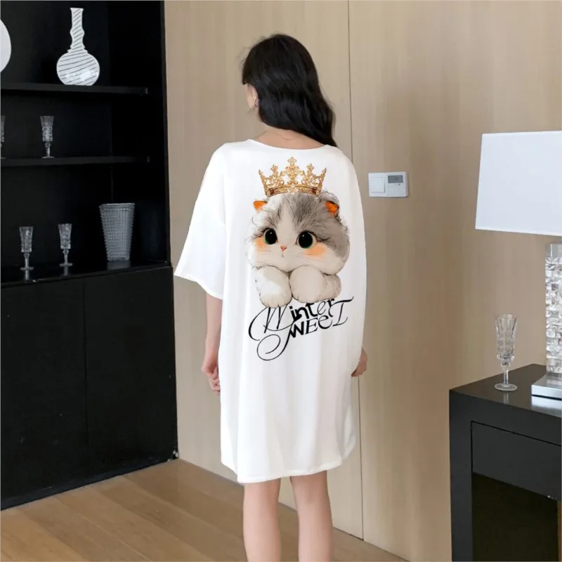 Nuovo stile pigiama da donna stile carino stampa digitale raso chiffon girocollo pullover camicia da notte mini abito pigiama camicia da notte