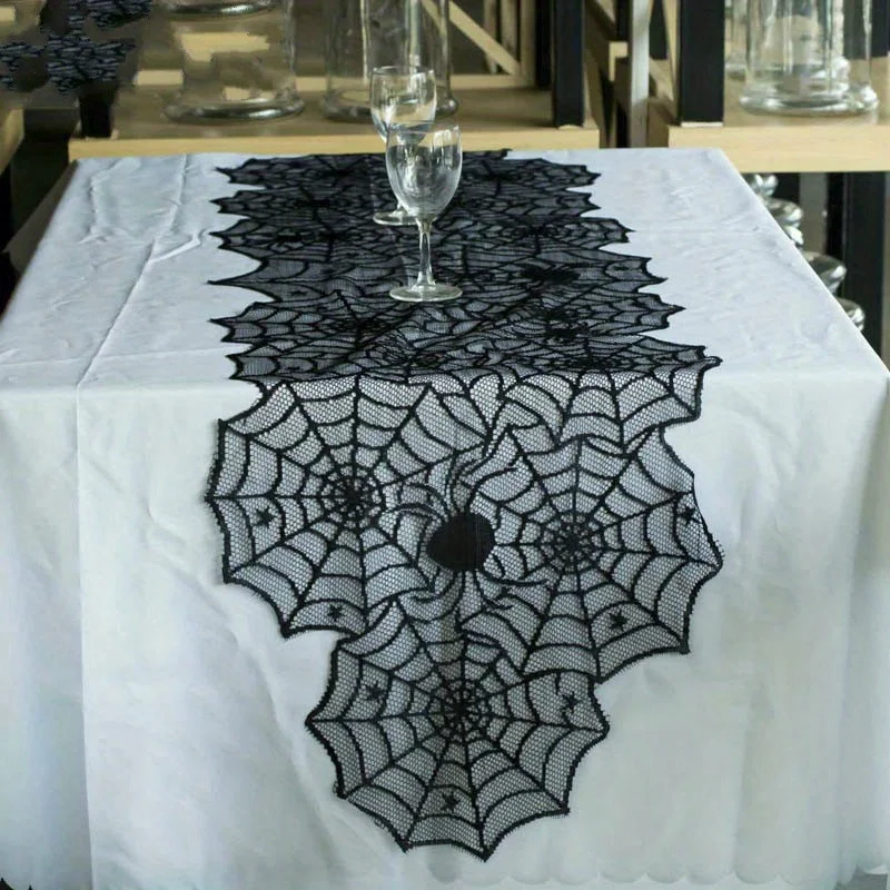 New Halloween Black Lace Spider Web Table Runner Table Cover Horror Theme Tablecloth Home Dining Table Decor Party Supplies