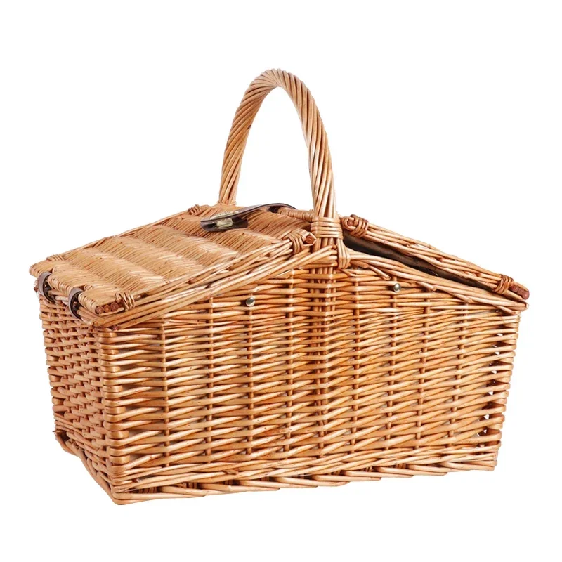 Outdoor Rattan Picnic Basket Large Ins Tote Breathable Spring Basket with Handle Rustic Wooden Fruit Basket Rattan Picnic