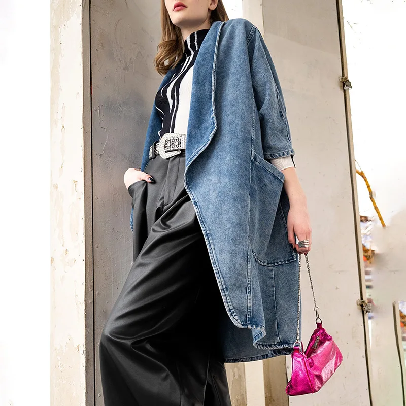 Women's Trendy Long Blue Denim Jacket Autumn Three-Quarter Sleeve Irregular Trench Coat