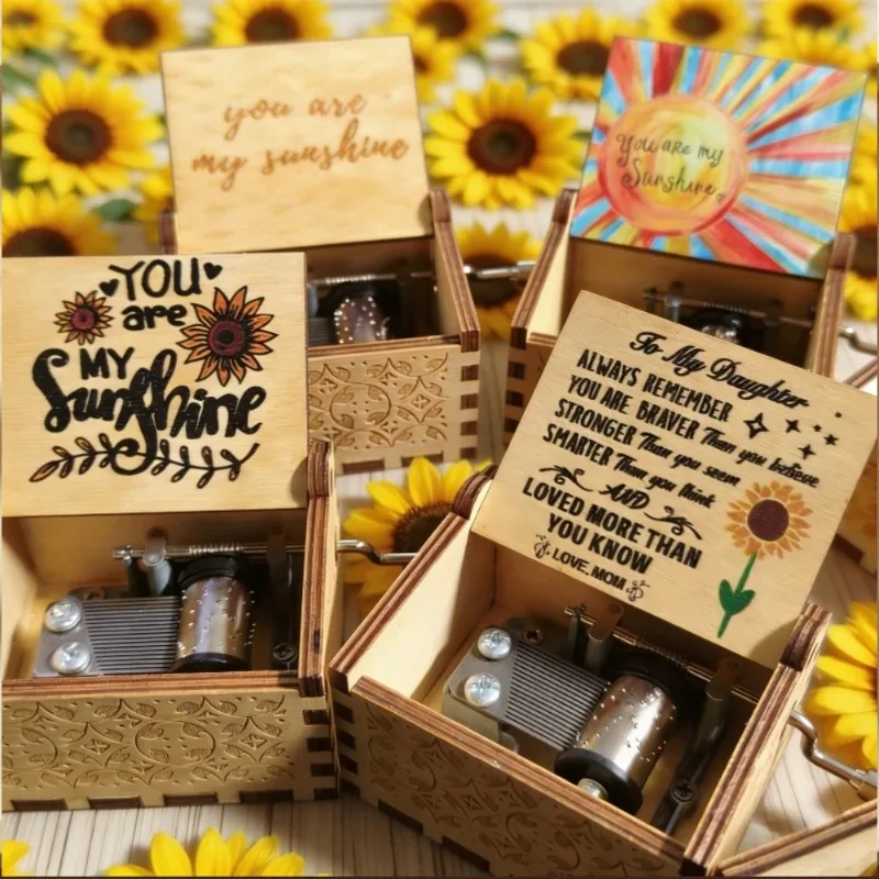 yy Hand-Cranked Wooden Mini Music Box 'You Are My Sunshine' Mechanical Tune | Elegant Desktop Decor & Birthday Gift for All Ages
