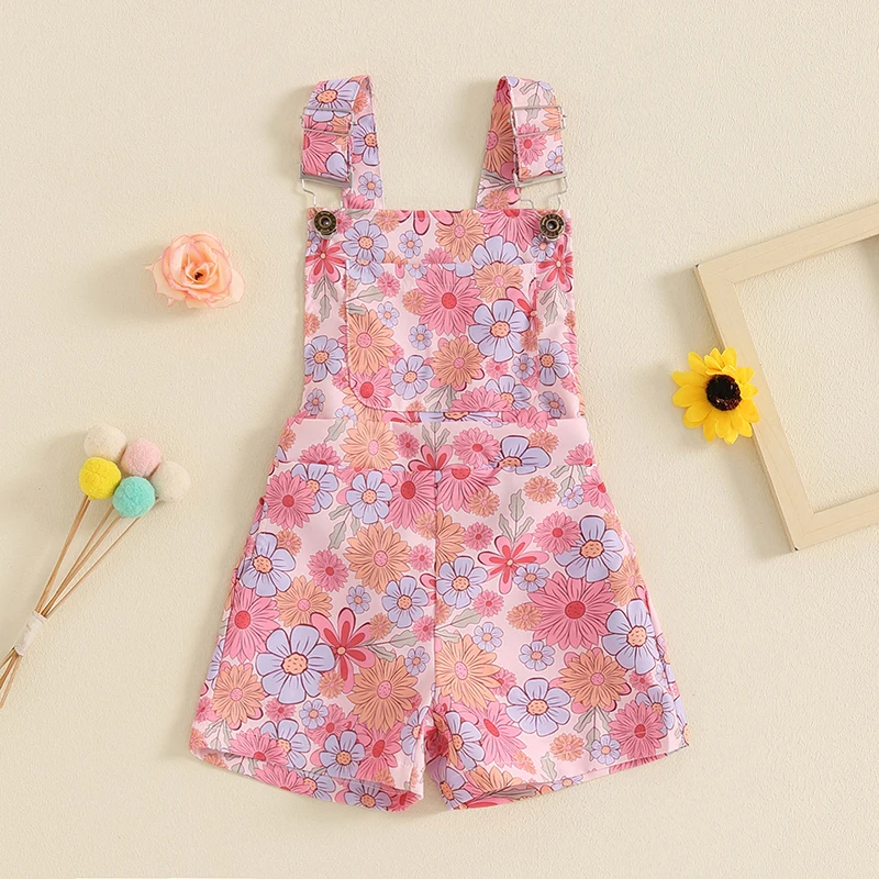 Little Girl Sleeveless Overalls Shorts Daisy Sunflower Butterfly Print Pocket Front Suspender Jumpsuit for Summer