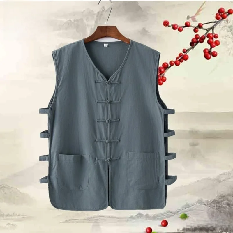 

Soft Cotton Linen Men's Sleeveless Tang Suit Vest Elderly Style Casual Summer Clothing Comfortable Breathable Plain Color