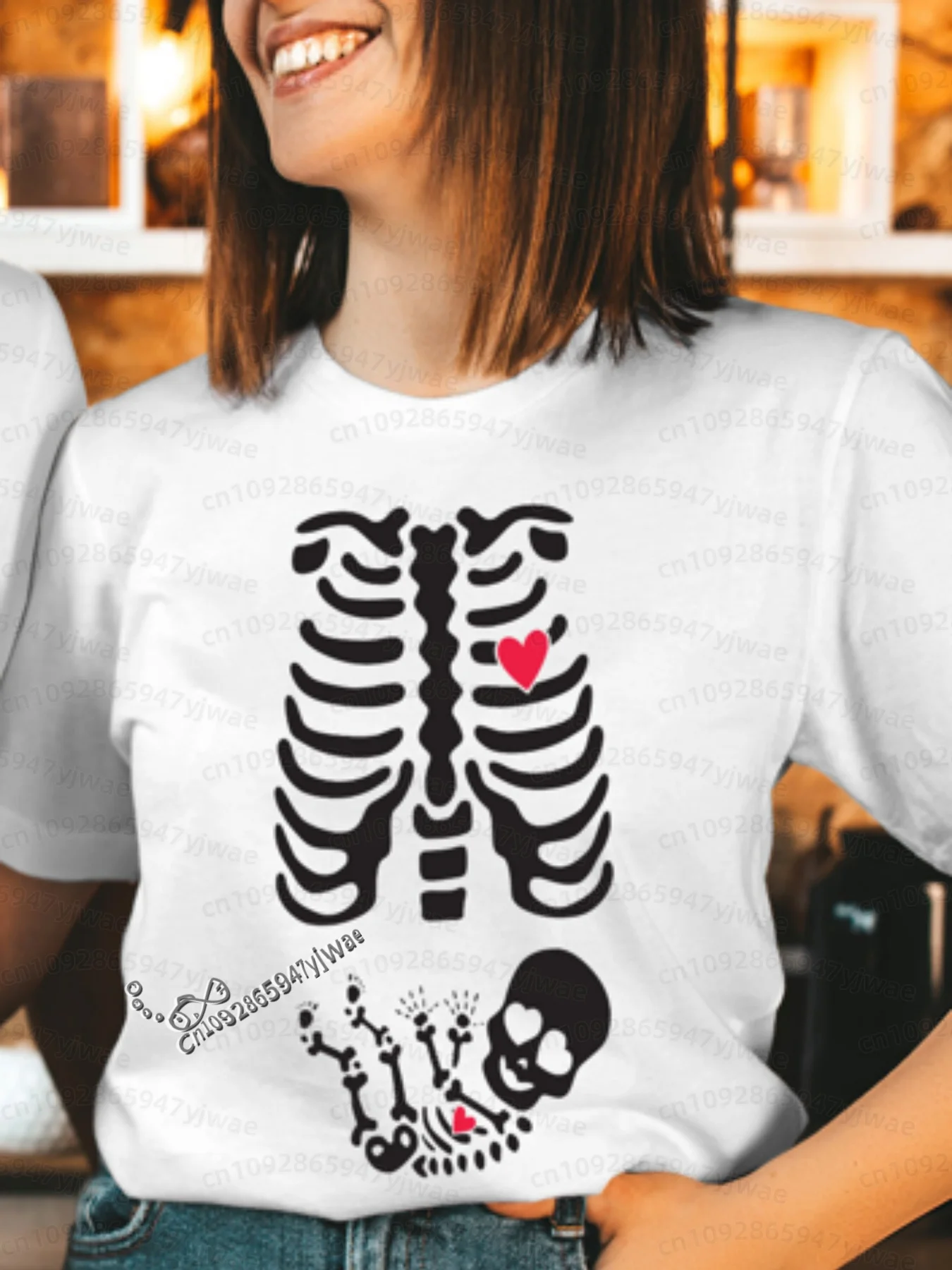 2026 Herren Halloween Skelett Schwangerschafts-Baby Halloween T-Shirt Totenkopf-Knochen-Druck Kurzarm Damen Herren Halloween Paar T-Shirt – Detail 6