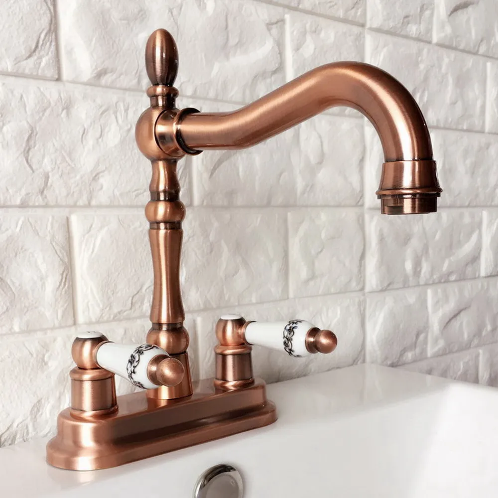 Antique Red Copper Double Handle Bathroom Wash Basin Mixer Taps / 2 Hole Deck Mounted Swivel Spout Vessel Sink Faucets