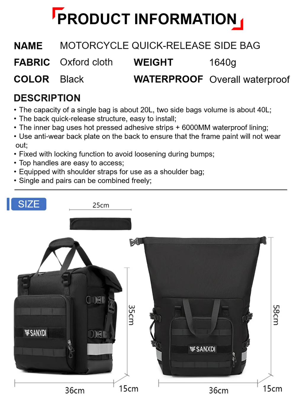 Tas sadel sepeda motor 20L-30L, tas samping Universal dengan 100% dapat dilepas tahan air, tas dalam perjalanan koper sepeda motor