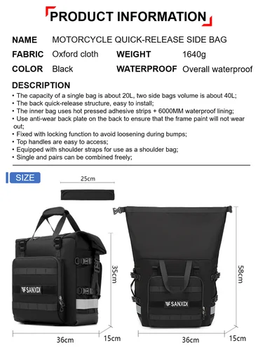 Imagen 2 del producto Alforja para motocicleta 20L-30L, Bolsa lateral Universal con bolsa interior extraíble 100% impermeable, equipaje de viaje para motocicleta
