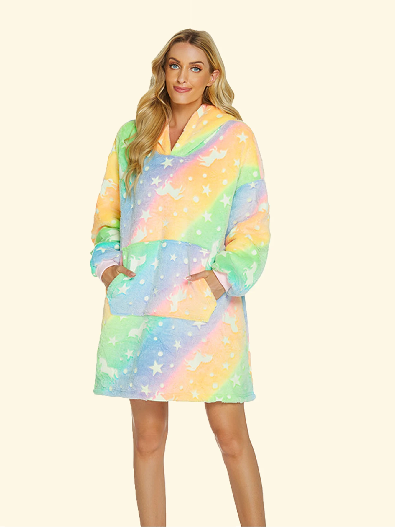 Glow-in-the-dark Star Plus Fleece Thick Flannel Hooded Casual Tie-dye Printed Glow-in Blanket Couple Loungewear With Pocket Hood