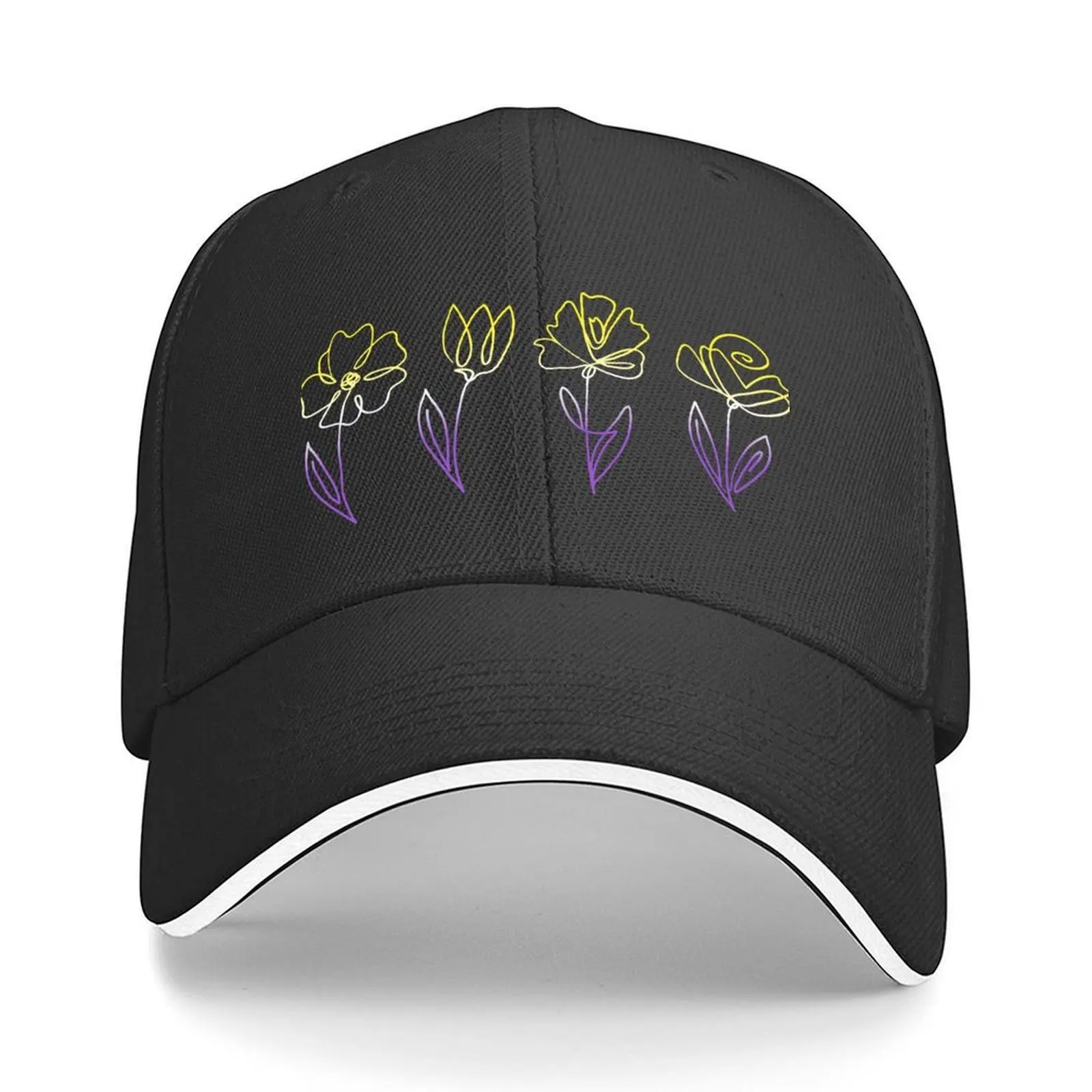 

Subtle Nonbinary Pride Flowers Nonbinary Flag Line Art Drawing Baseball Cap Snapback Cap custom caps Caps For Men Women's