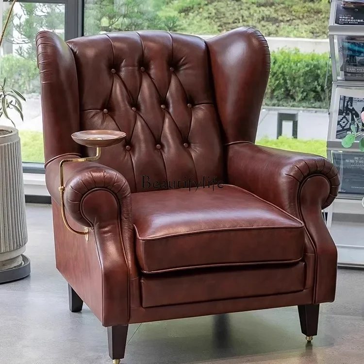 

LAmerican tiger chair retro solid wood leather living room European buckle single sofa chair
