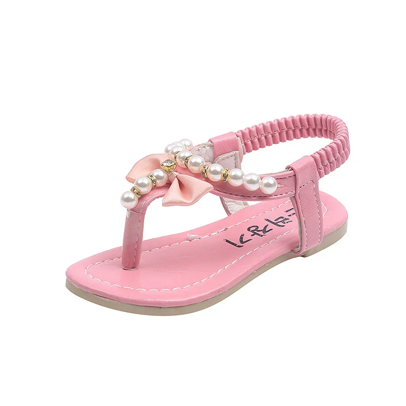 Summer Flats Korean Girls Pearls Rhinestone Kids Beach Sandals Butterfly-knot Princess Children\'s Sandals Flip Flops Beach Shoes