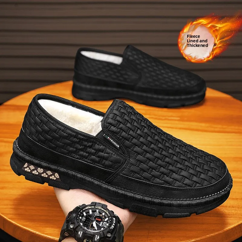 

Men's Winter Thickened Fleece Lined Slip-On Work Shoes Beijing Style Soft Bottom Black Bean Bean Shoes Casual Comfortable