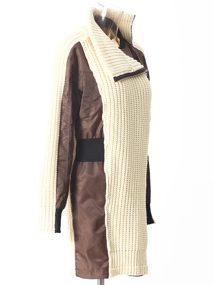 ZOCI Beige Color-block Big Size Long Knitting Cardigan Sweater V-Neck Long Sleeve Women New Fashion Autumn Winter 2024 FC1214