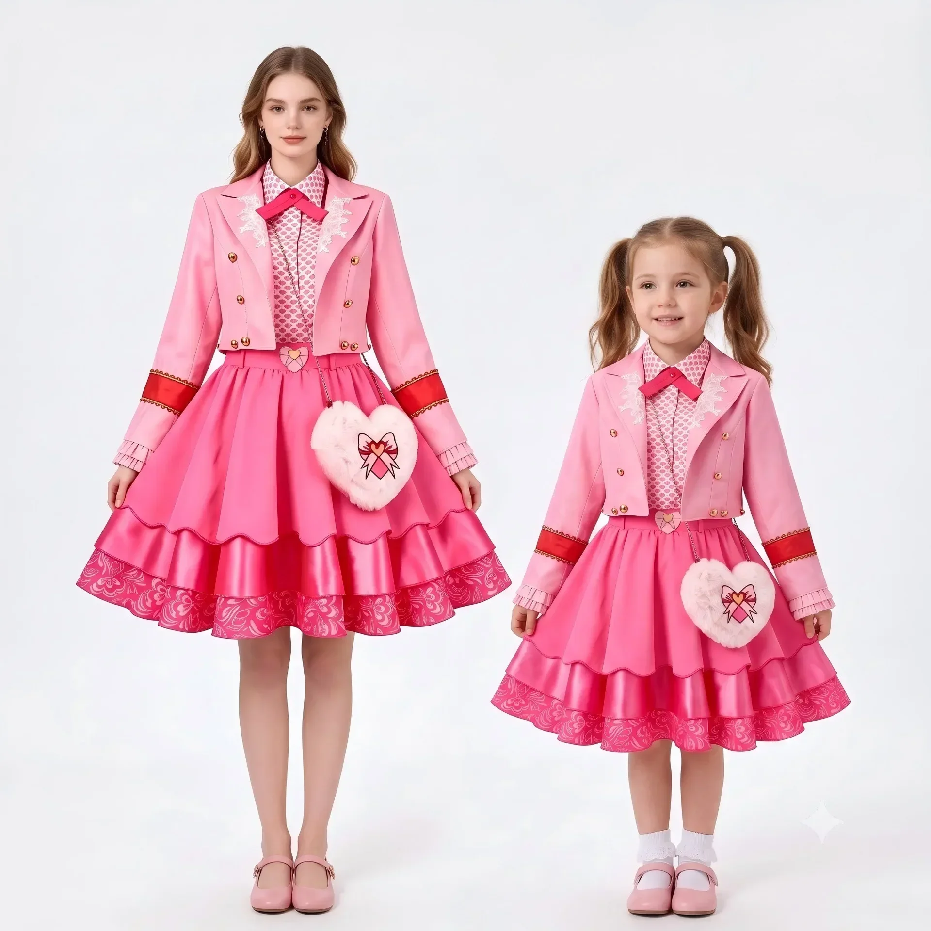 2026 Movie Descendants 5 Costume Adult Kids Wicked Wonderland Pink Chloe Red Cosplay Outfit Wig Halloween Clothes For Women Girl
